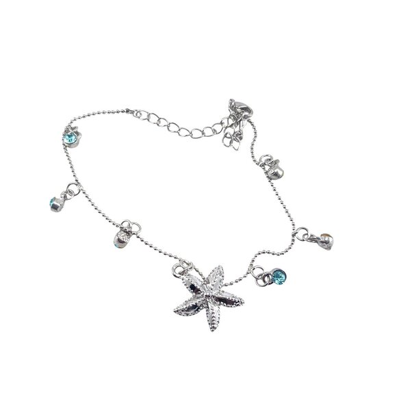 Starfish Adjustable Silver Anklet With Blue & Green Crystal Charms - Picture 2 of 5